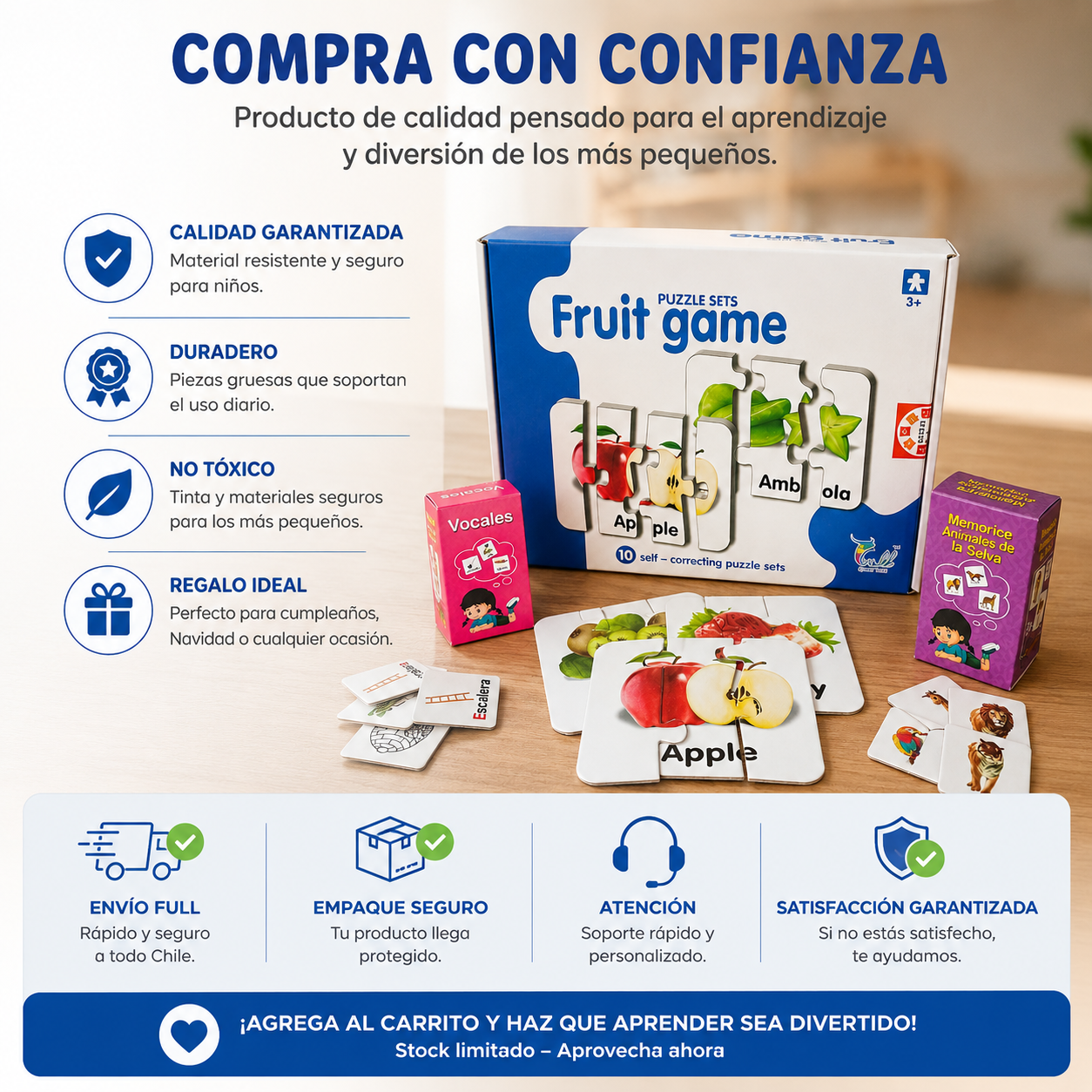 Pack Puzzle Frutas, Memorice Vocales Y Animales De La Selva