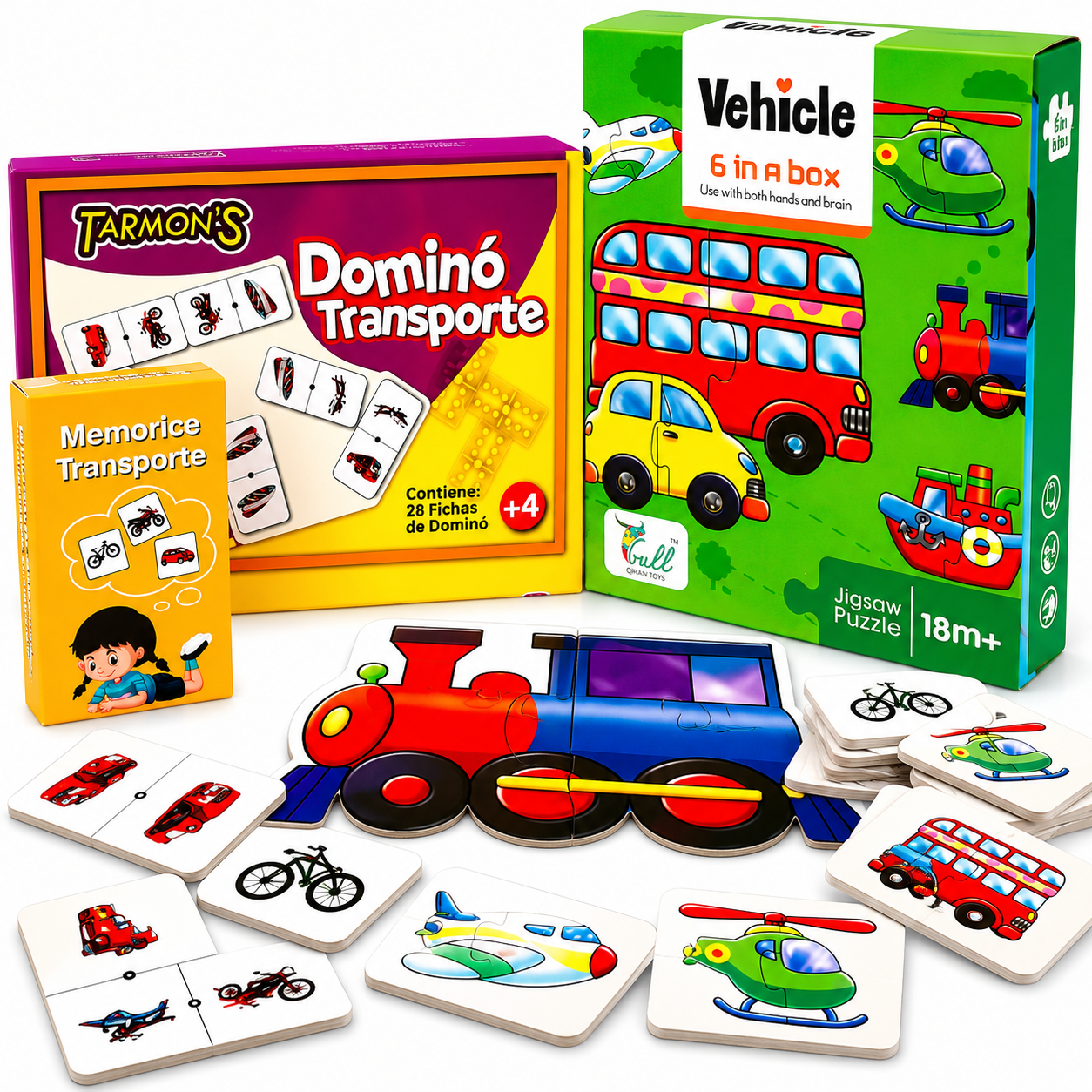 Pack puzle 6en 1 Trasporte, Memorice Transporte, Domino Trasporte