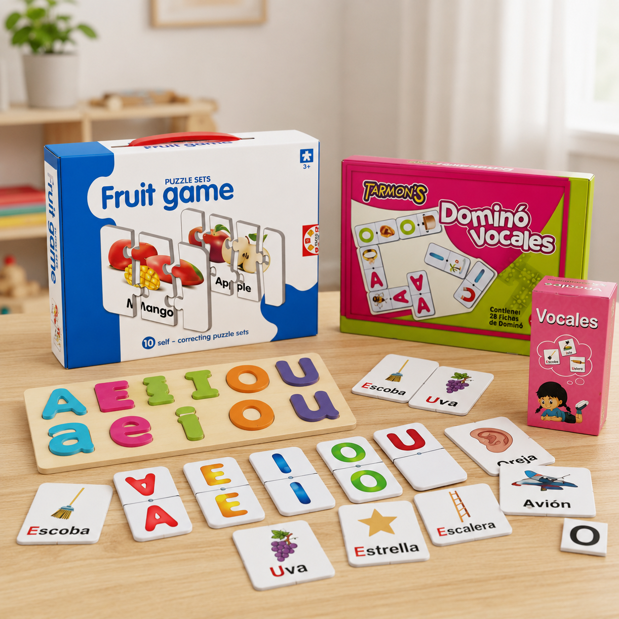 Pack Puzzle Frutas , Memorice Y Domino Vocales , Madera Didáctica