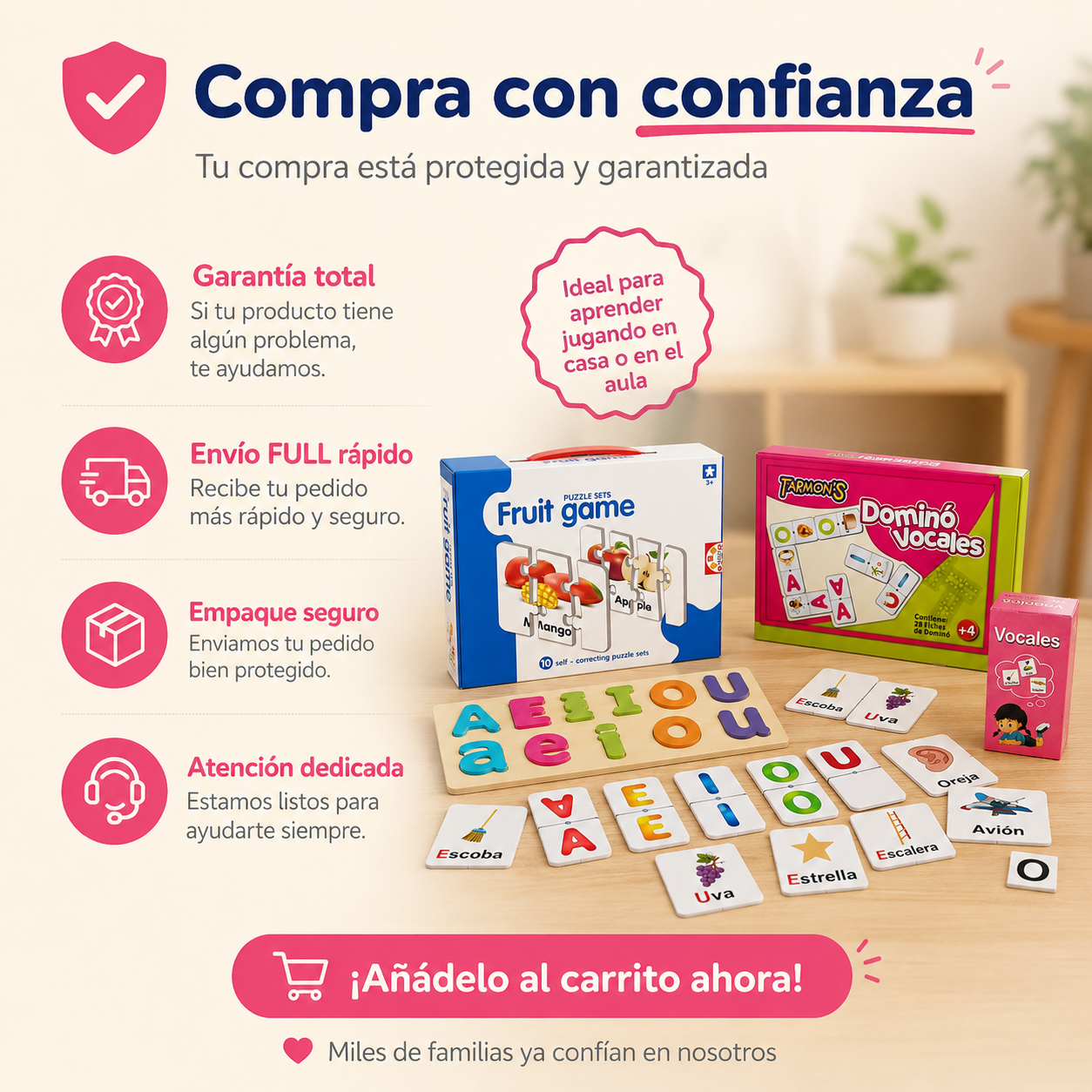 Pack Puzzle Frutas , Memorice Y Domino Vocales , Madera Didáctica