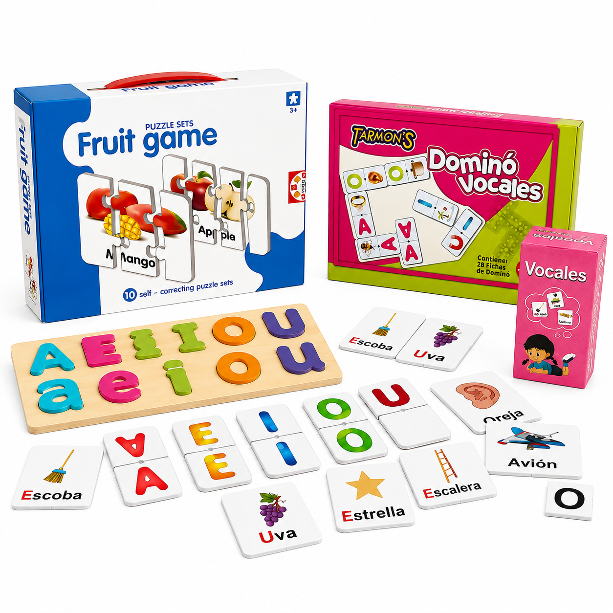 Pack Puzzle Frutas , Memorice Y Domino Vocales , Madera Didáctica
