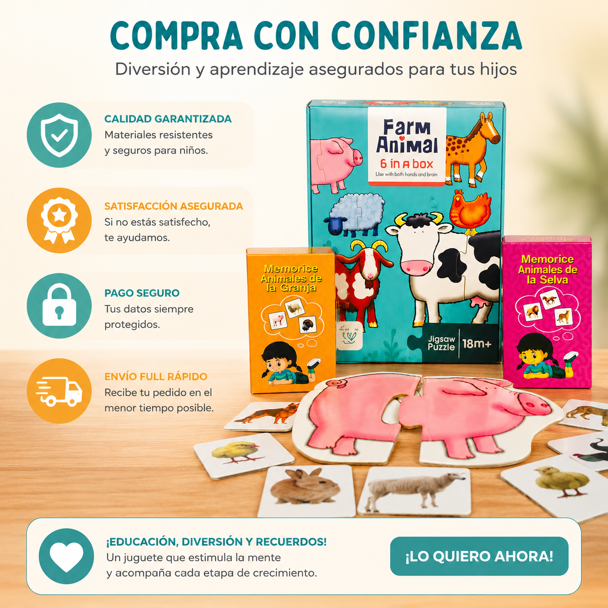 Pack 6 en 1 Granja, Memorice animales Granja y Salvaje