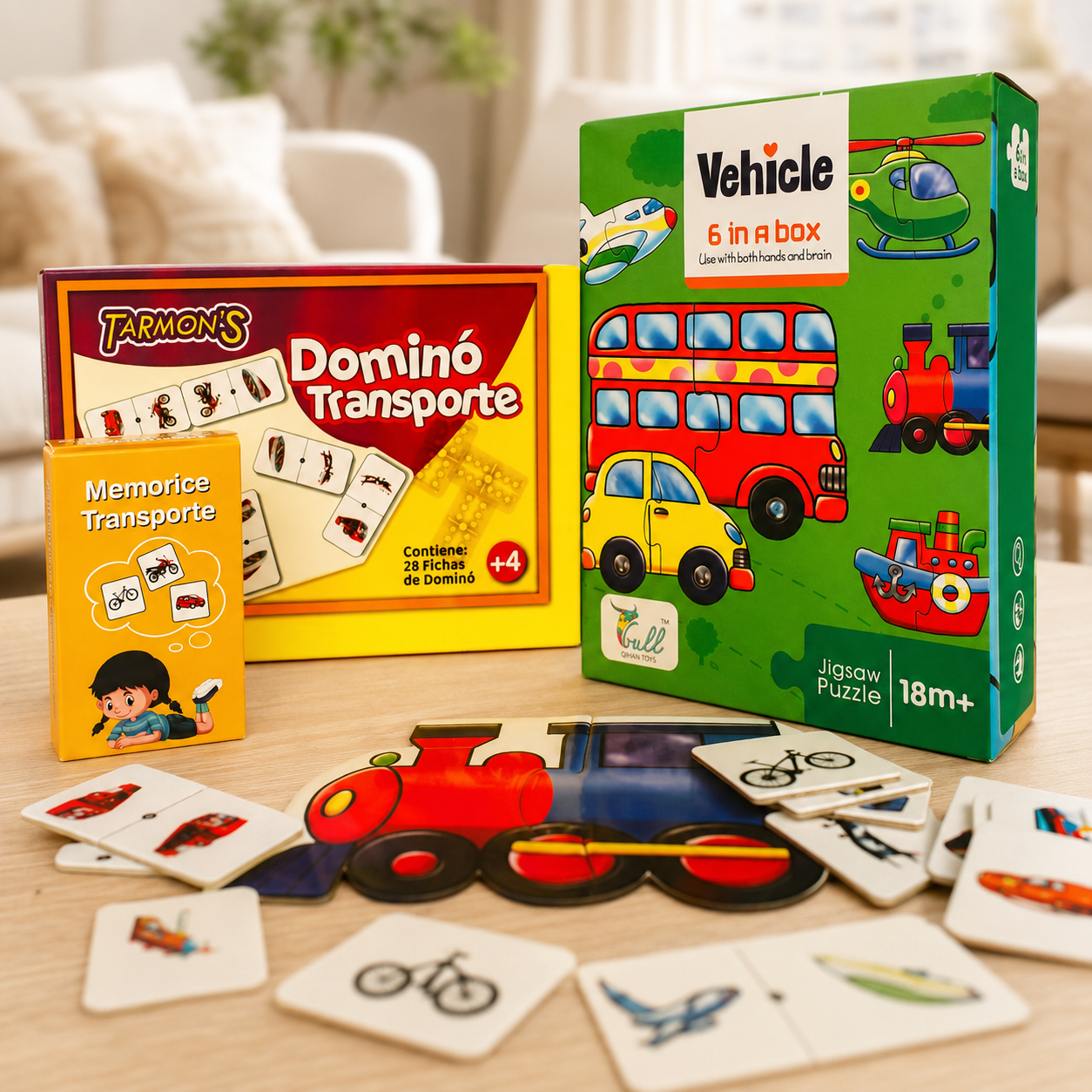 Pack puzle 6en 1 Trasporte, Memorice Transporte, Domino Trasporte