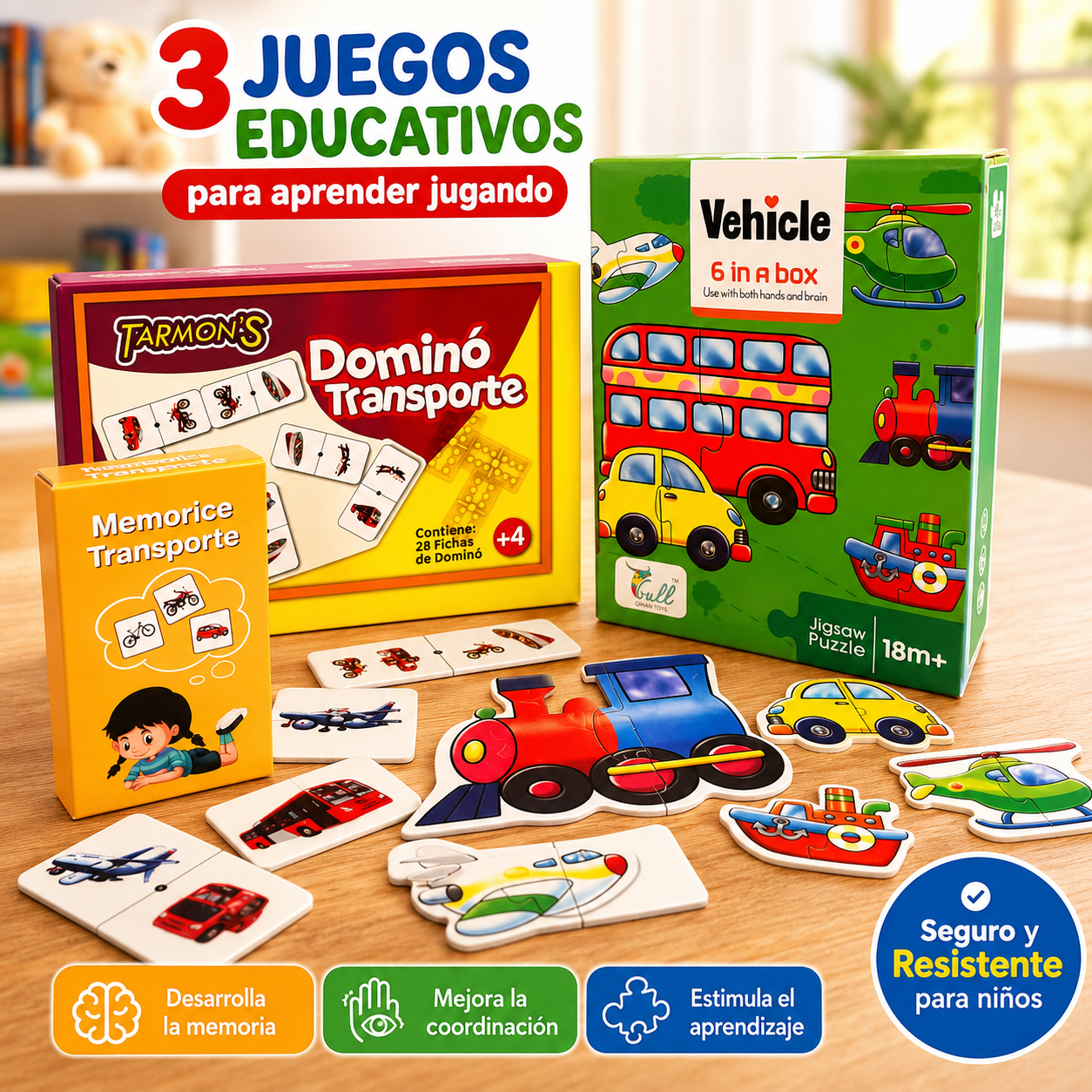 Pack puzle 6en 1 Trasporte, Memorice Transporte, Domino Trasporte