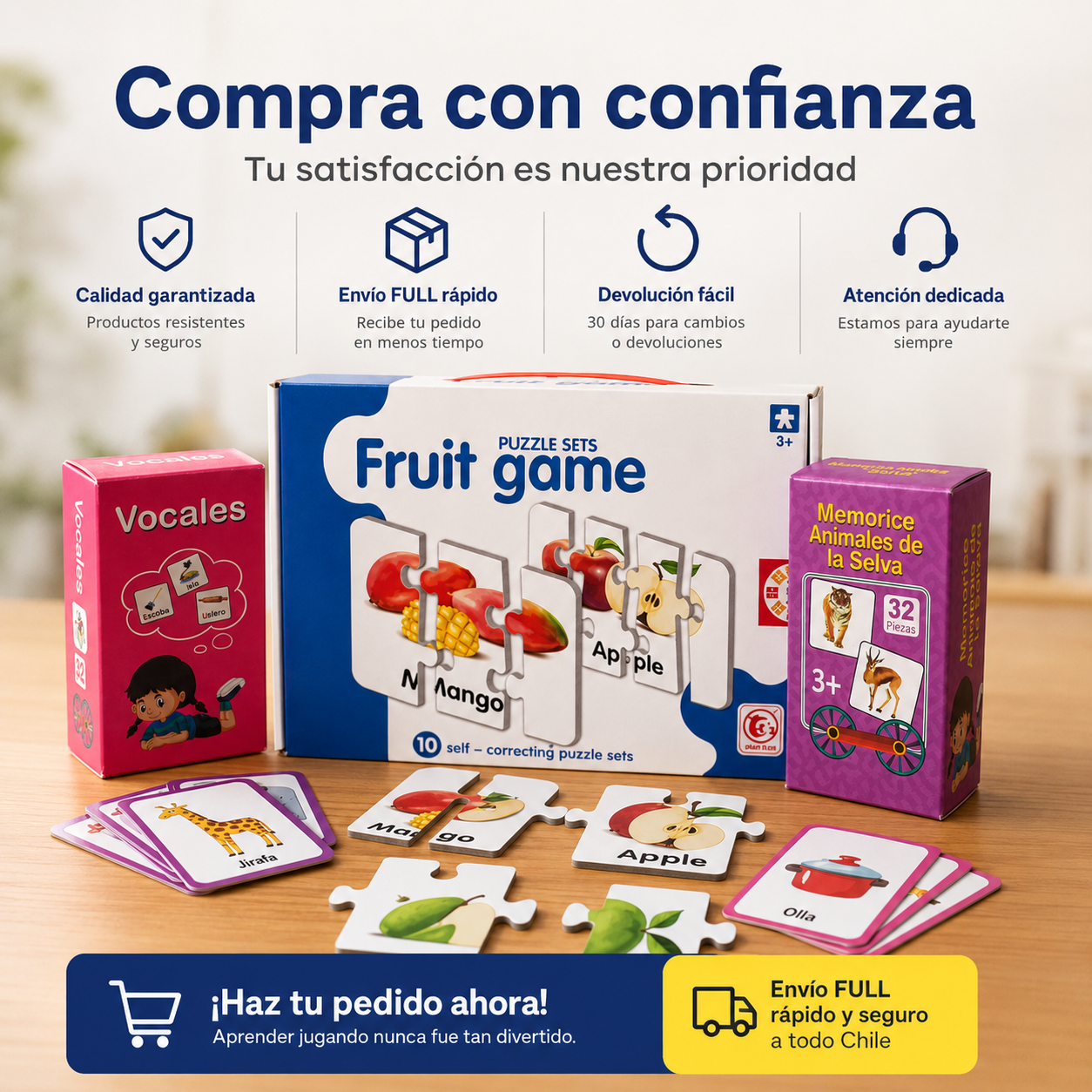 Pack Puzzle Frutas, Memorice Vocales Y Animales De La Selva