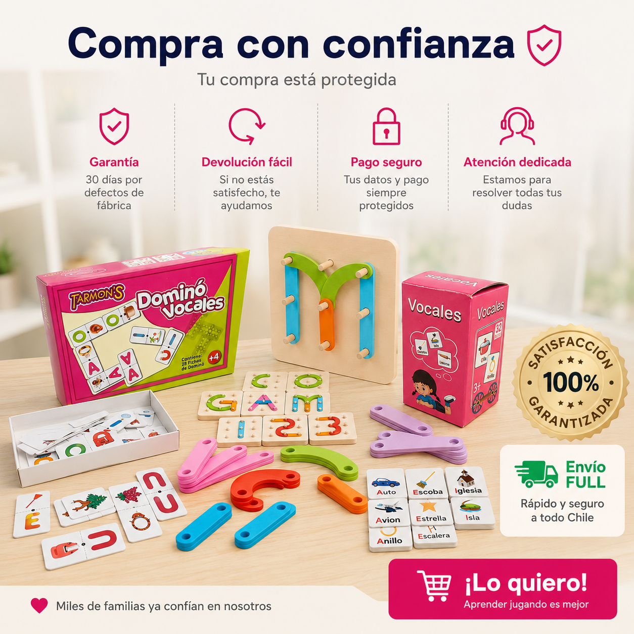 Pack Dominio Vocales, Memorice Vocales y Encaje de Madera