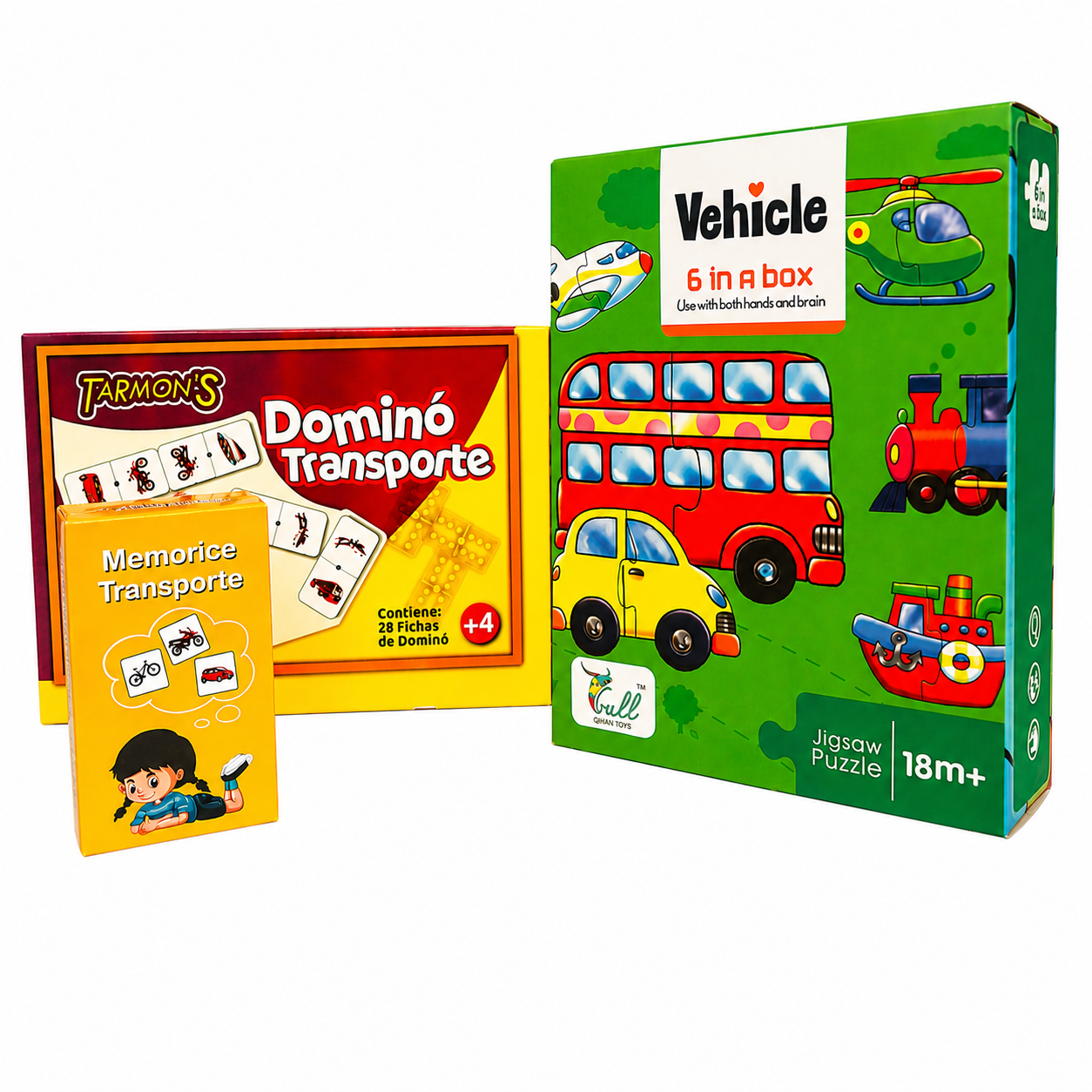 Pack puzle 6en 1 Trasporte, Memorice Transporte, Domino Trasporte