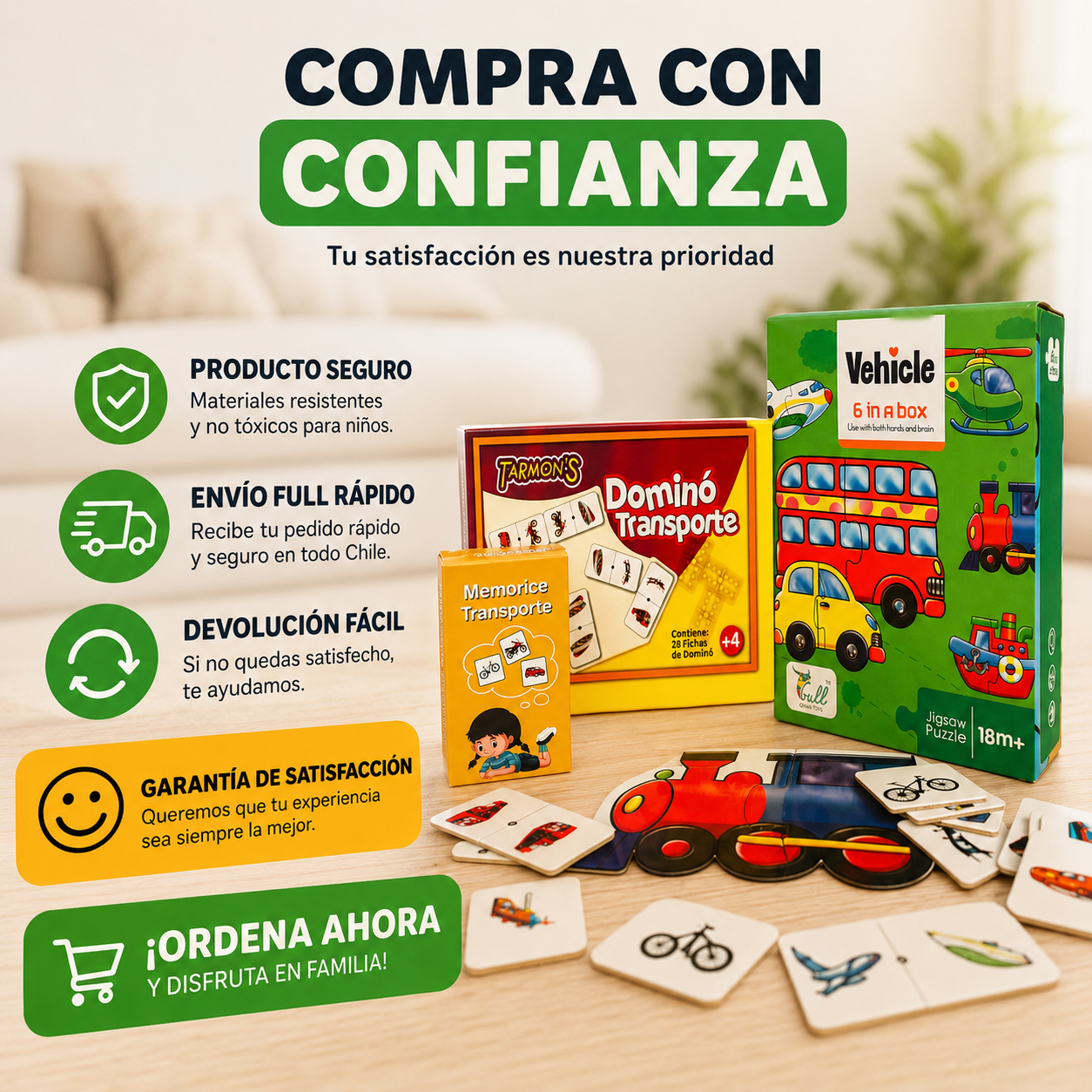 Pack puzle 6en 1 Trasporte, Memorice Transporte, Domino Trasporte