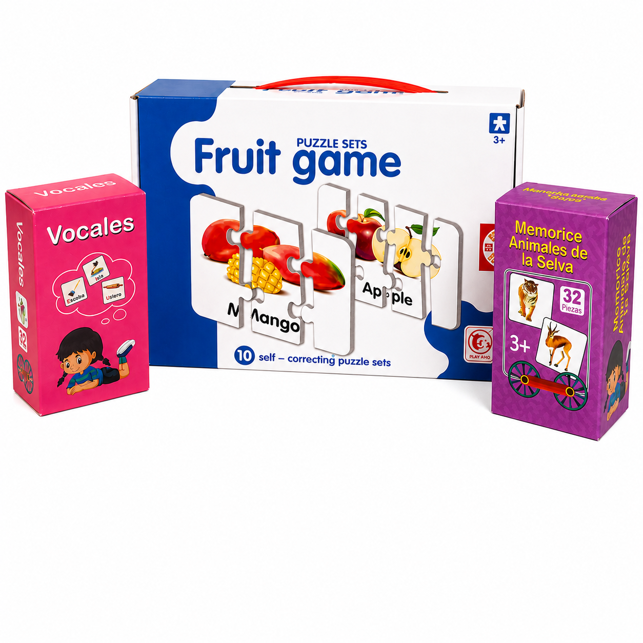 Pack Puzzle Frutas, Memorice Vocales Y Animales De La Selva